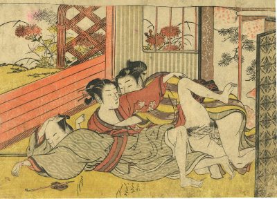 Isoda Koryūsai . Prosperous Flowers of the Elegant Twelve Seasons: young couple making love while older man sleeps. [Shunga]. 1773