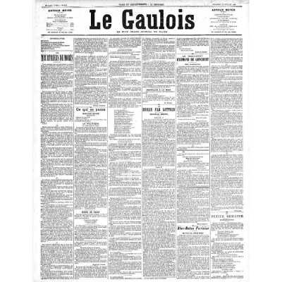 A historical French newspaper (journal) featuring multiple columns (sections) of text. The format includes headers (titles) that categorize content such as political news (articles), novel chapters, and local events."