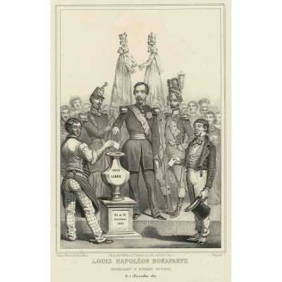 An engraving depicting a group of men (males) in military and civilian attire (costumes) around a central figure who dominates the scene. The central figure, in military uniform, stands before a ballot box (voting urn) labeled ""VOTE LIBRE"" as another man places a vote into it. Distinct dates ""20 et 21 Decembre 1851"" appear on the base of the ballot box. Surrounding figures are portrayed in various expressions of attention and engagement, with additional iconography such as flags (banners) and notable headdresses (caps)."