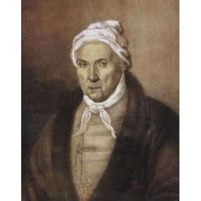 A portrait of an elderly man (gentleman) wearing a dark coat (jacket) and a white turban (headwrap). He has a white necktie (cravat) secured with a bow (knot) at the collar (neckline)."