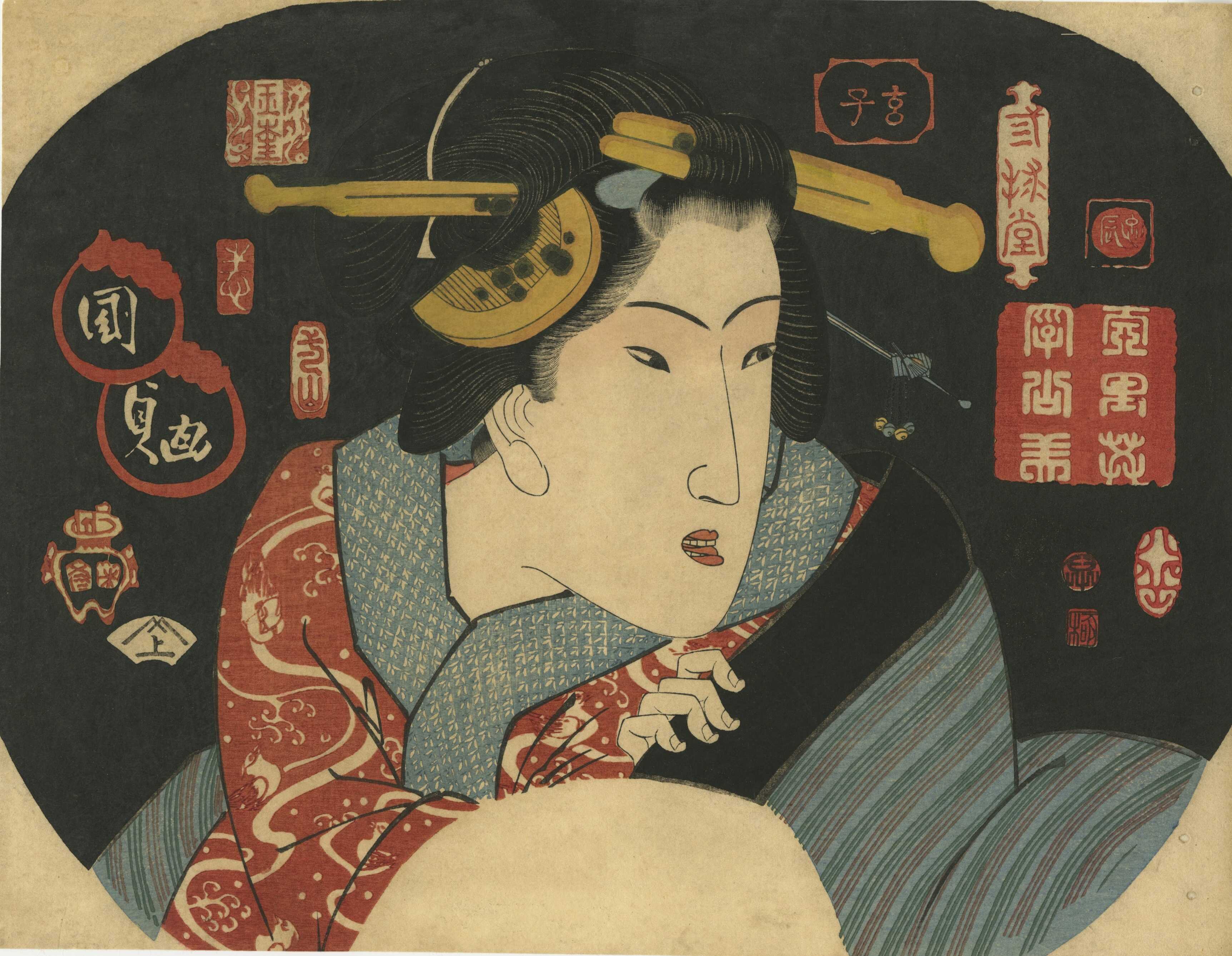 Utagawa Kunisada. Fan print. Beauty surrounded by decorative seals in archaic Chinese style. 1827.