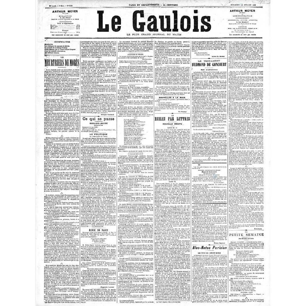 A historical French newspaper (journal) featuring multiple columns (sections) of text. The format includes headers (titles) that categorize content such as political news (articles), novel chapters, and local events."