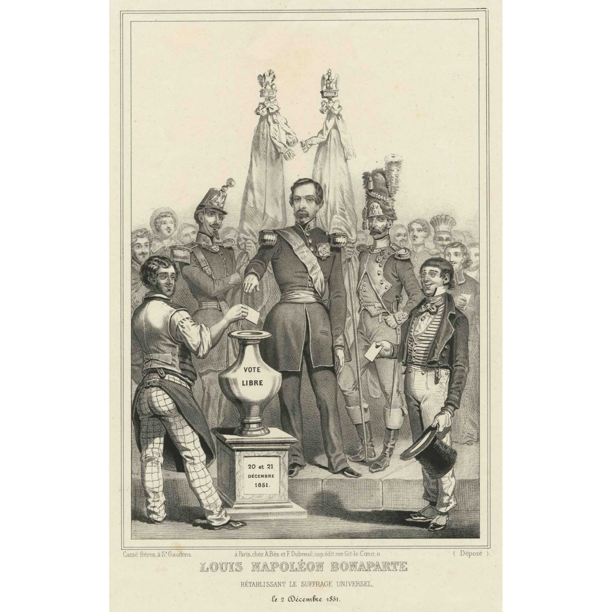 An engraving depicting a group of men (males) in military and civilian attire (costumes) around a central figure who dominates the scene. The central figure, in military uniform, stands before a ballot box (voting urn) labeled ""VOTE LIBRE"" as another man places a vote into it. Distinct dates ""20 et 21 Decembre 1851"" appear on the base of the ballot box. Surrounding figures are portrayed in various expressions of attention and engagement, with additional iconography such as flags (banners) and notable headdresses (caps)."