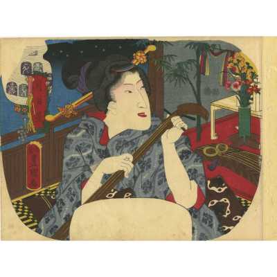 Utagawa Kunisada. Fan print triptych. Jitsu getsu sei no uchi. Stars. Circa 1850