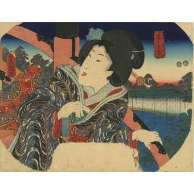 Utagawa Kunisada (Toyokuni III). Wisteria in Kameido / Fan print, 1849-53.