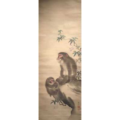 A Monkey Seated on a Rock with an Infant Monkey. Mori Sosen (1747-1821)