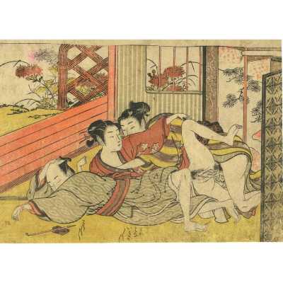 Isoda Koryūsai . Prosperous Flowers of the Elegant Twelve Seasons: young couple making love while older man sleeps. [Shunga]