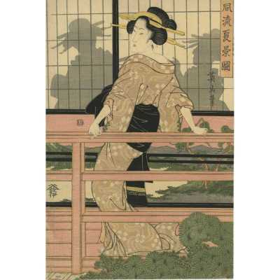 Kikugawa Eizan . Geisha staying on veranda with others silhouetted against shoji behind her