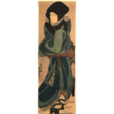 Utagawa Kunisada (Toyokuni III). A Beauty in a Snowy Night / Vertical Ōban Diptyich, c. 1820.