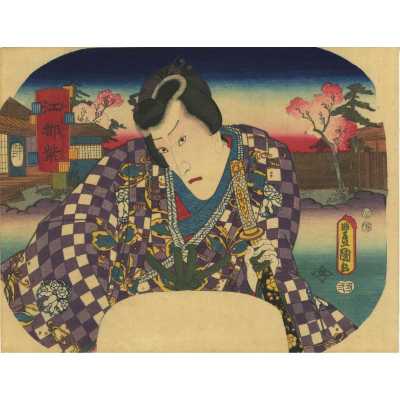 Utagawa Kunisada (Toyokuni III). Edo Murasaki – Fake Murasaki’s Rustic Genji / Fan print, 1853.