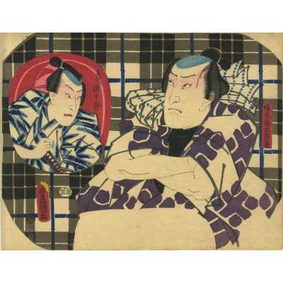 Utagawa Kunisada (Toyokuni III). Actor Bandō Takesaburō I as clerk Seijūrō and actor Ichikawa Kodanji IV as Kenkaya Gorōkichi / Fan print, 1852.