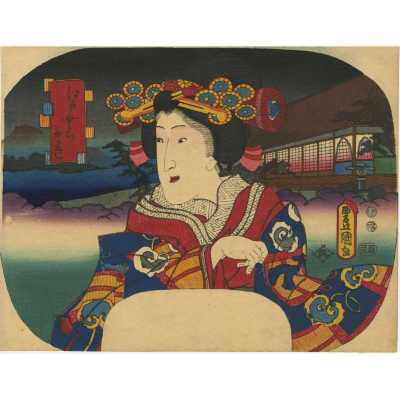 Utagawa Kunisada (Toyokuni III). Edo Murasaki – Fake Murasaki’s Rustic Genji / Fan print, 1853.