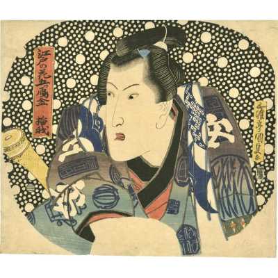 Utagawa Kunisada (Toyokuni III). Kabuki actor Iwai Kumesaburō II as An no Heibei, from the series 'Flowers of Edo – the five Karigane blood-brothers' / Fan print, 1829.