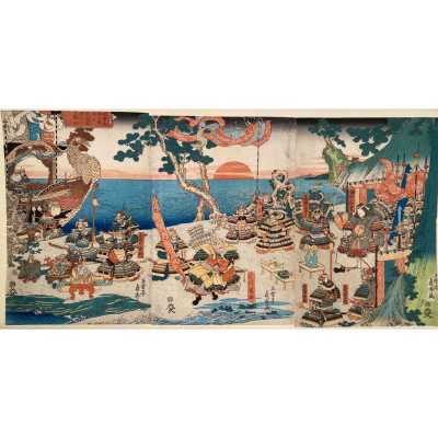 Utagawa Sadahide. Return of Victorious Empress Jingū to Japan after Her Conquest of Korea / Ōban Triptych, 1842.