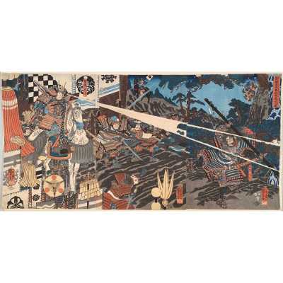 Utagawa Kuniyoshi. Prince Shōtoku Punishes Mononobe no Moriya / Ōban Triptych, 1852.