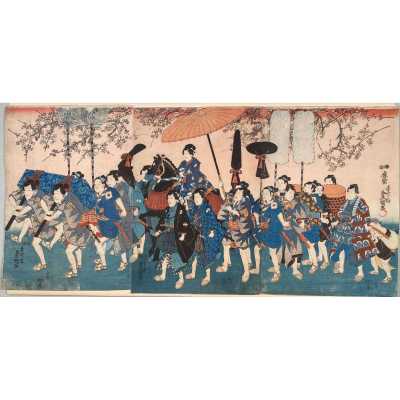 Utagawa Kunisada (Toyokuni III). Kabuki Actors as a Daimyō Procession (Sankin Kōtai) / Ōban triptych, 1849-52.