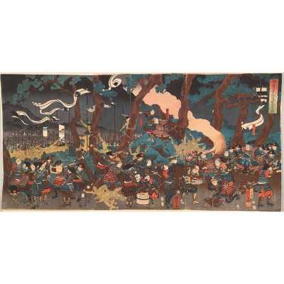 Utagawa Kuniyoshi . Kusunoki Masashige and his men making straw dummies to trick the enemy into exhausting their arrows