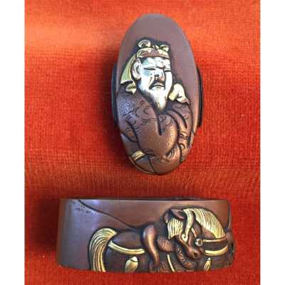 Fuchi-kashira with designs of warrior and horse 1