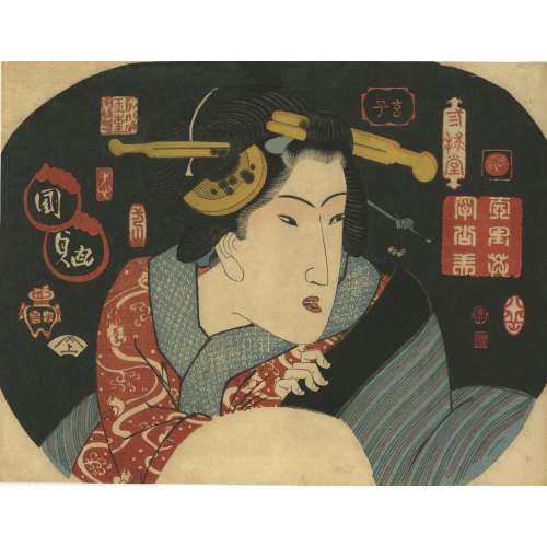 Utagawa Kunisada. Fan print. Beauty surrounded by decorative seals in archaic Chinese style. 1827.