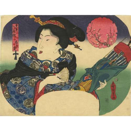 Utagawa Kunisada. Fan print of beauty with toy bow and arrow, from the series 'A Parody of Six Poets'. Circa 1840.