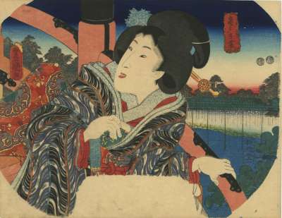 Utagawa Kunisada. Fan print. A woman is coming down the taikobashi, facing Kameido Tenjin shrine. Circa 1850.