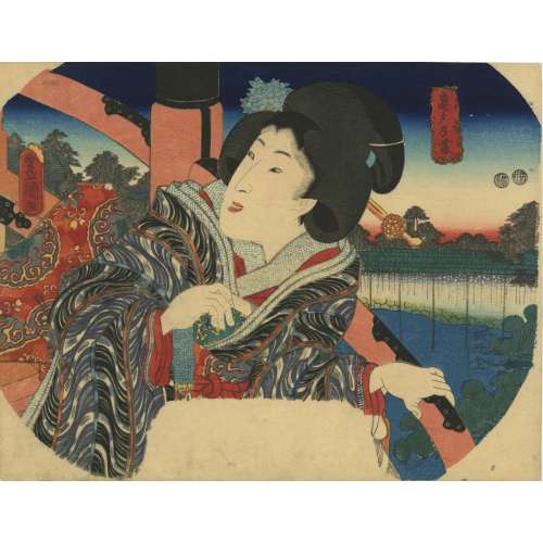 Utagawa Kunisada. Fan print. A woman is coming down the taikobashi, facing Kameido Tenjin shrine. Circa 1850.