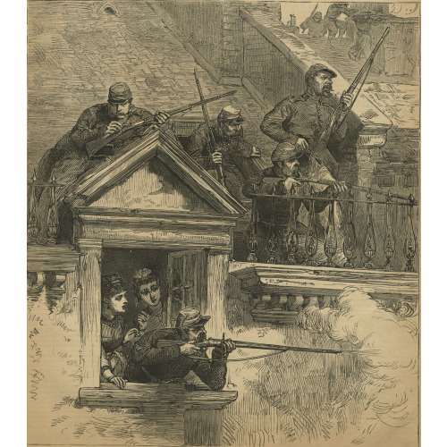 Versailles soldiers firing upon the communists from roofs and windows in Paris. Harper's Weekly: July 1, 1871