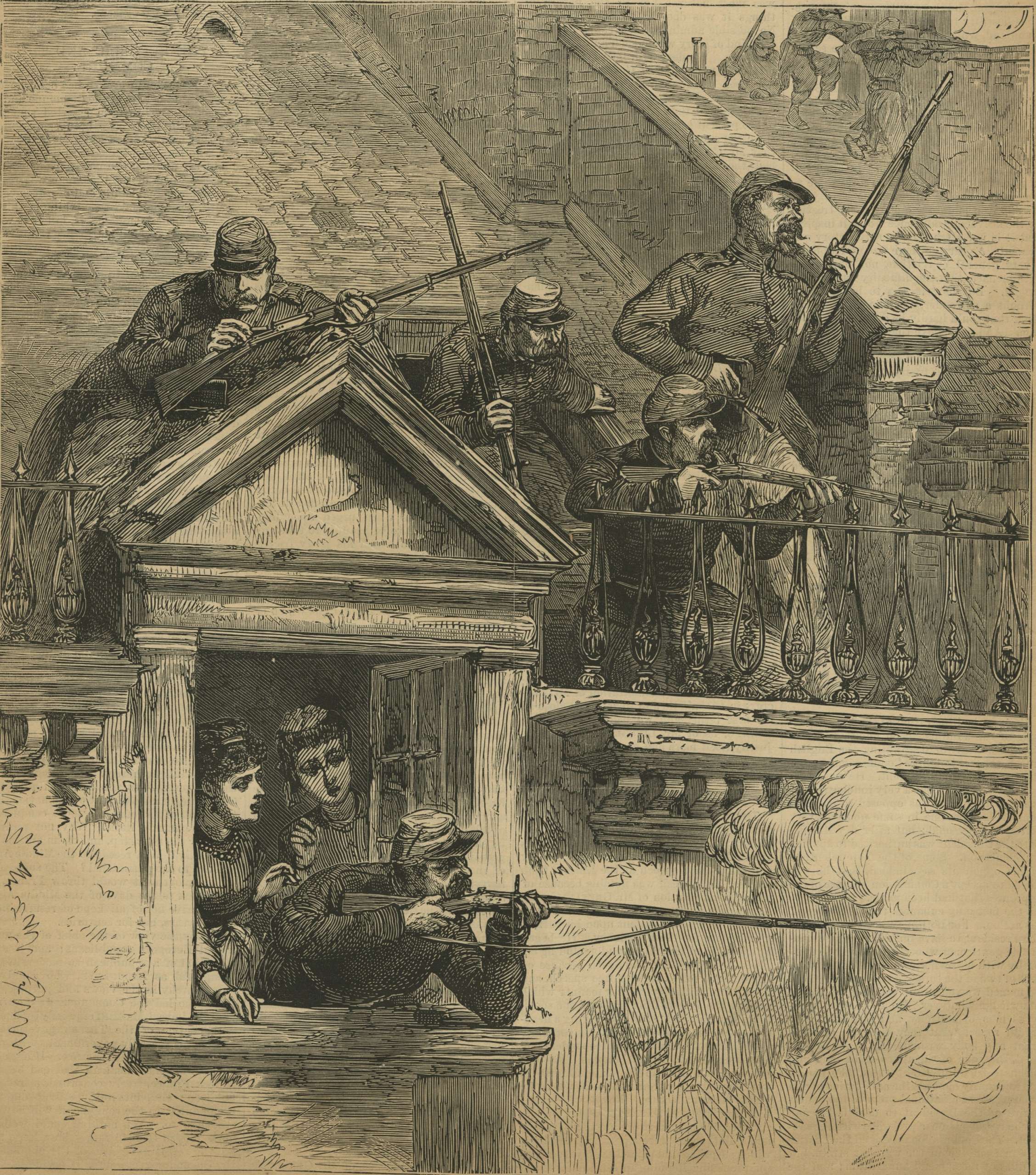 Versailles soldiers firing upon the communists from roofs and windows in Paris. Harper's Weekly: July 1, 1871
