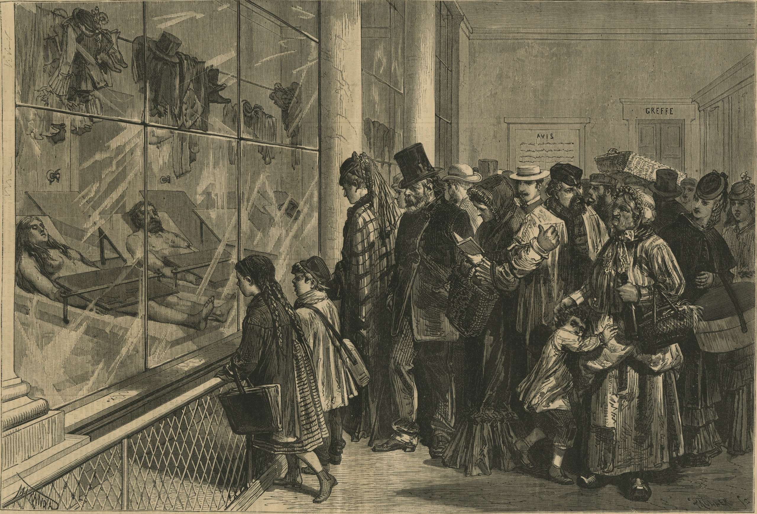 The morgue at Paris - The last scene of a tragedy. Harper's Weekly: July 18, 1874