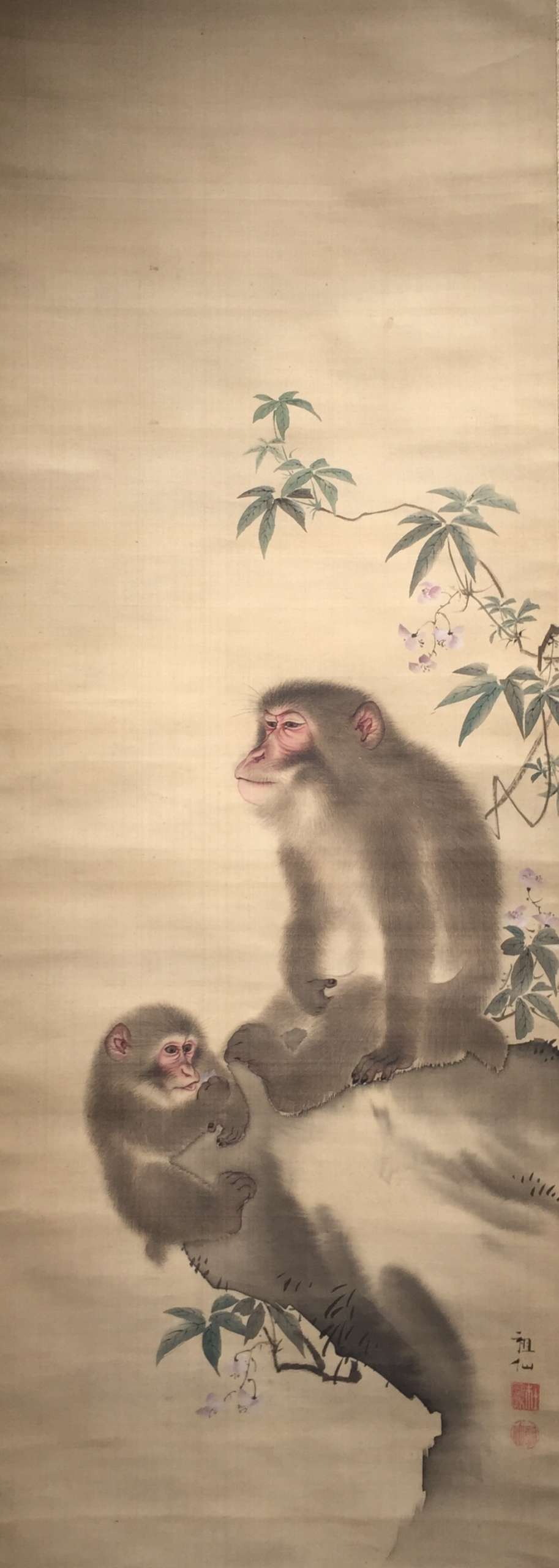 A Monkey Seated on a Rock with an Infant Monkey. Mori Sosen (1747-1821).