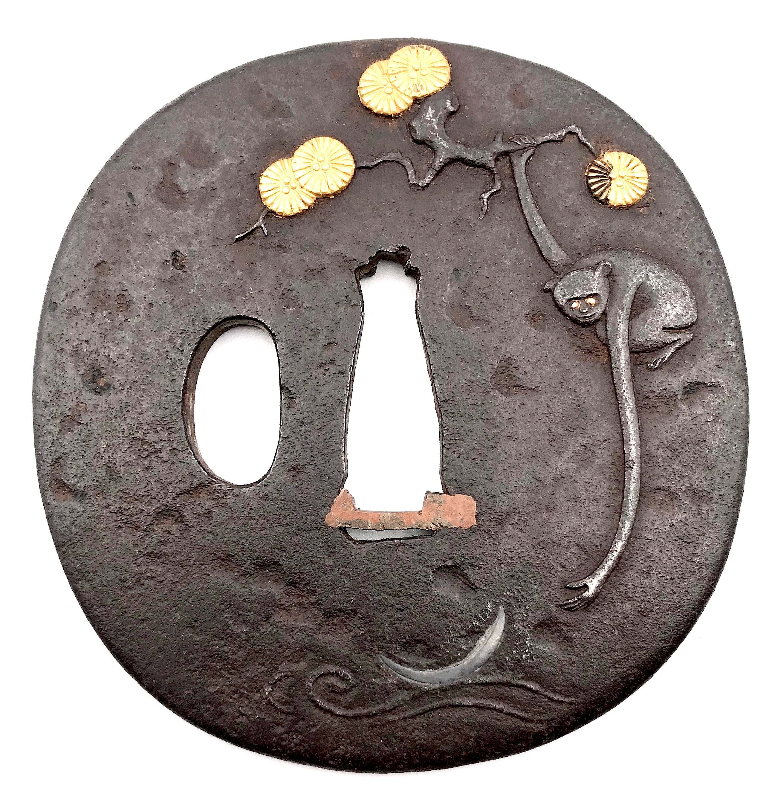 Iron tsuba with a monkey and a crescent moon motif. Edo period. |  Varshavsky Collection