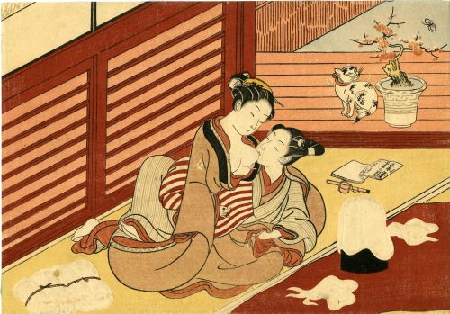 Suzuki Harunobu . Man sucking woman's breast and a cat sitting under a bonzai tree. 1770