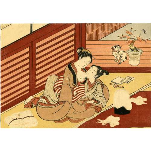 Suzuki Harunobu . Man sucking woman's breast and a cat sitting under a bonzai tree. 1770