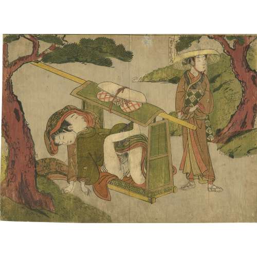 Suzuki Harunobu . SHUNGA: COUPLE FAISANT L'AMOUR DANS UNE CHAISE A PORTEURS c. 1