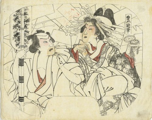 Utagawa Kunisada, a.k.a. Toyokuni III . Geisha with a clock / Preparatory drawing drawing for a fan print