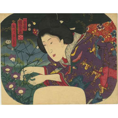 Utagawa Kuniyoshi . A Summer Evening. A beauty in purple kimono decorated with cranes and waves catching a firefly among morning glories and anise 1853