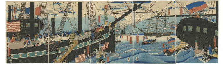 Utagawa Sadahide, a.k.a. Gountei Sadahide . Yokohama kōeki seiyōjin nimotsu unsō no zu - Western traders loading cargo in Yokohama - 横浜交易西洋人荷物運送之圖 1861