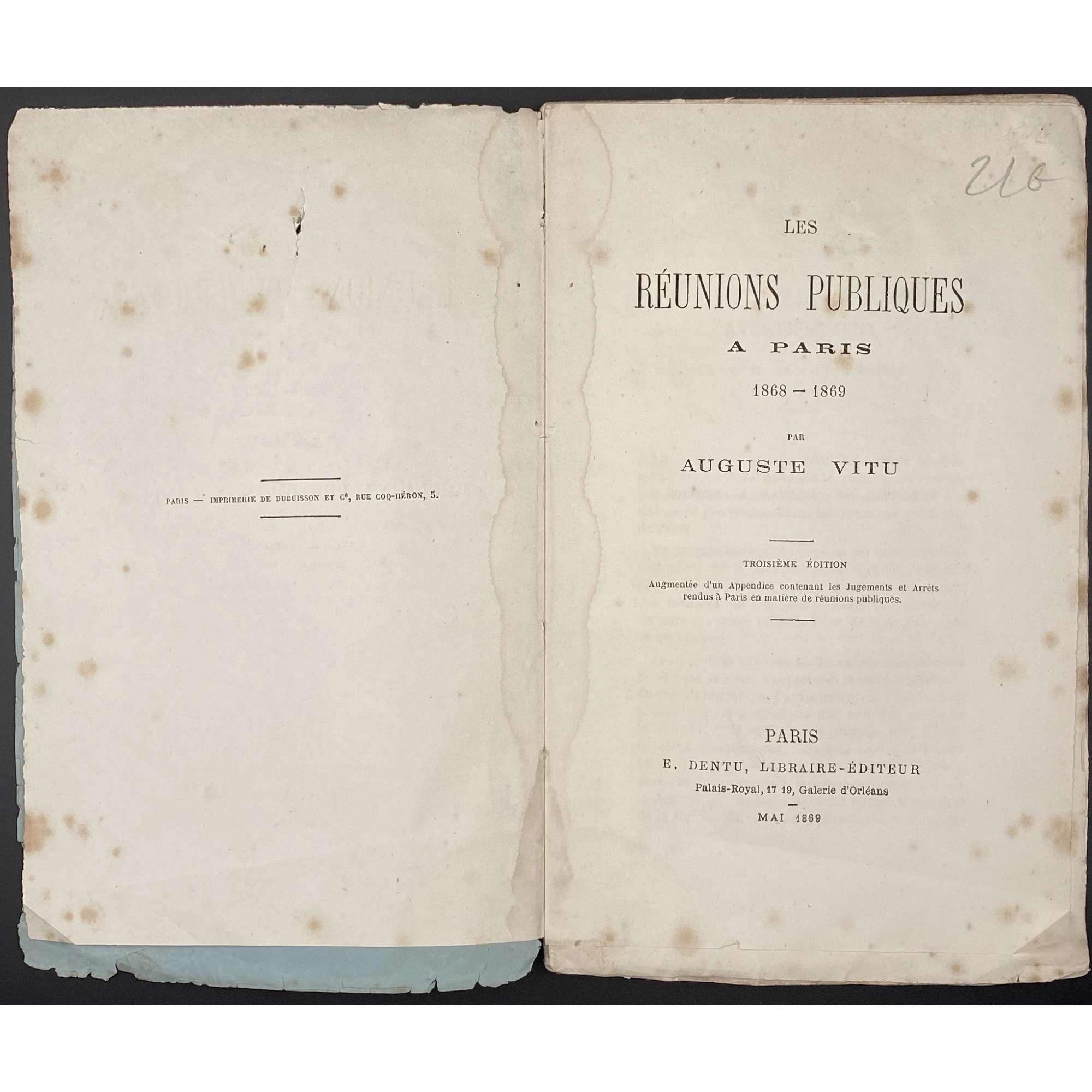 Auguste Vitu. Les réunions publiques à Paris 1868-1869. — Paris: E. Dentu, 1869. — pp.: [1-5] 6-151 [1].