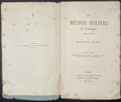 Auguste Vitu. Les réunions publiques à Paris 1868-1869. — Paris: E. Dentu, 1869. — pp.: [1-5] 6-151 [1].