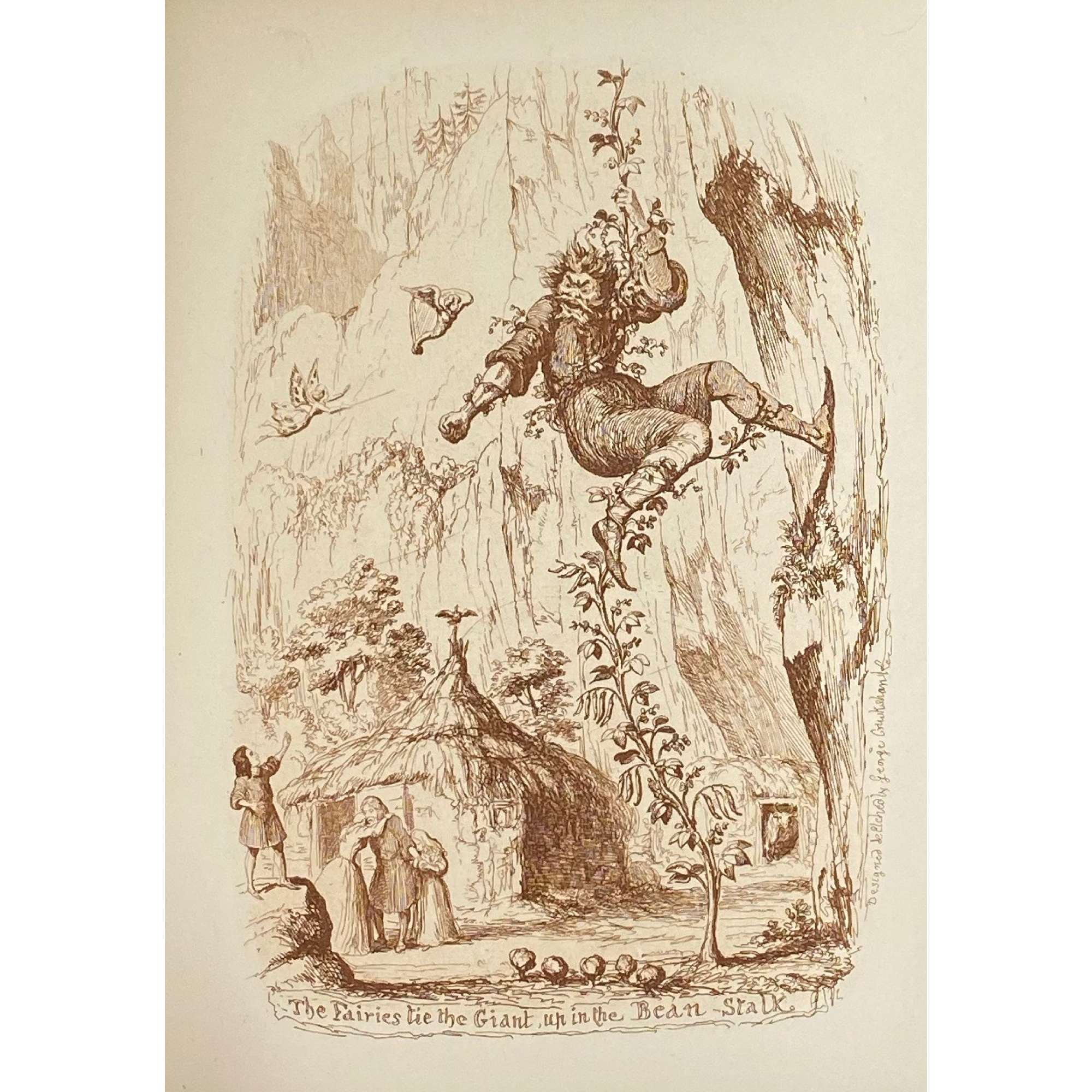 George Cruikshank. George Cruikshank's Fairy Library. Hop-O'-My Thumb. Jack and the Bean-Stalk. Cinderella. Puss in Boots. — London: George Bell and Sons, 1885. — pp.: [2] blank, [2] first half-title with blank verso, [i-ii] second half-title with blank verso, [2] frontispiece plate with blank recto, [iii-viii] title, colophone, editor's note, list of illustr. [2] title with blank verso, [1] 2-101 [3] blank, 24 plates with protective tissue, unpag. — Colophon: This edition is limited to 500 copies, with India paper impressions. The former editions have been from lithographic transfers. The plates were retouched under Mr. Cruikshank's direction shortly before his death, and have not been used since until now.