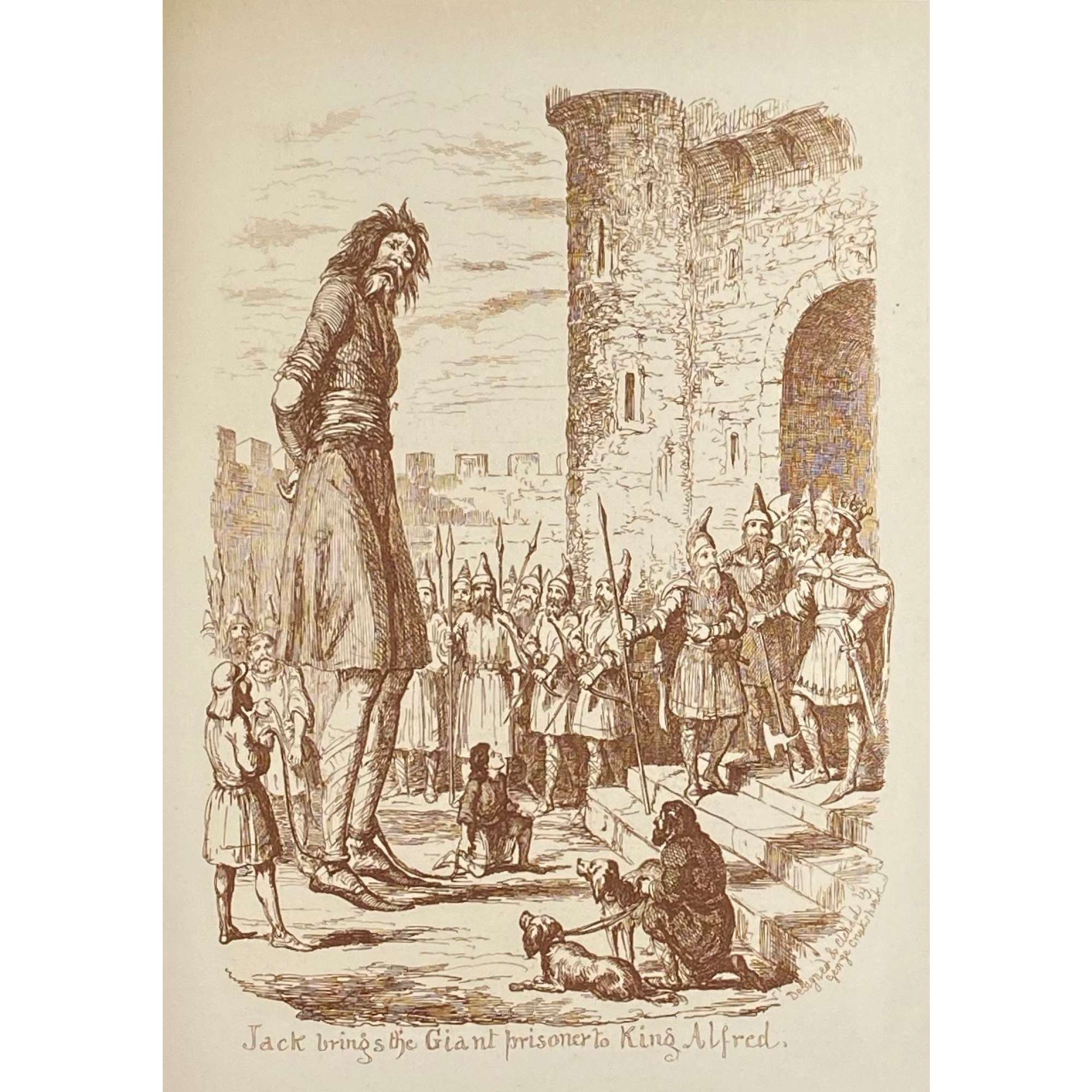 George Cruikshank. George Cruikshank's Fairy Library. Hop-O'-My Thumb. Jack and the Bean-Stalk. Cinderella. Puss in Boots. — London: George Bell and Sons, 1885. — pp.: [2] blank, [2] first half-title with blank verso, [i-ii] second half-title with blank verso, [2] frontispiece plate with blank recto, [iii-viii] title, colophone, editor's note, list of illustr. [2] title with blank verso, [1] 2-101 [3] blank, 24 plates with protective tissue, unpag. — Colophon: This edition is limited to 500 copies, with India paper impressions. The former editions have been from lithographic transfers. The plates were retouched under Mr. Cruikshank's direction shortly before his death, and have not been used since until now.