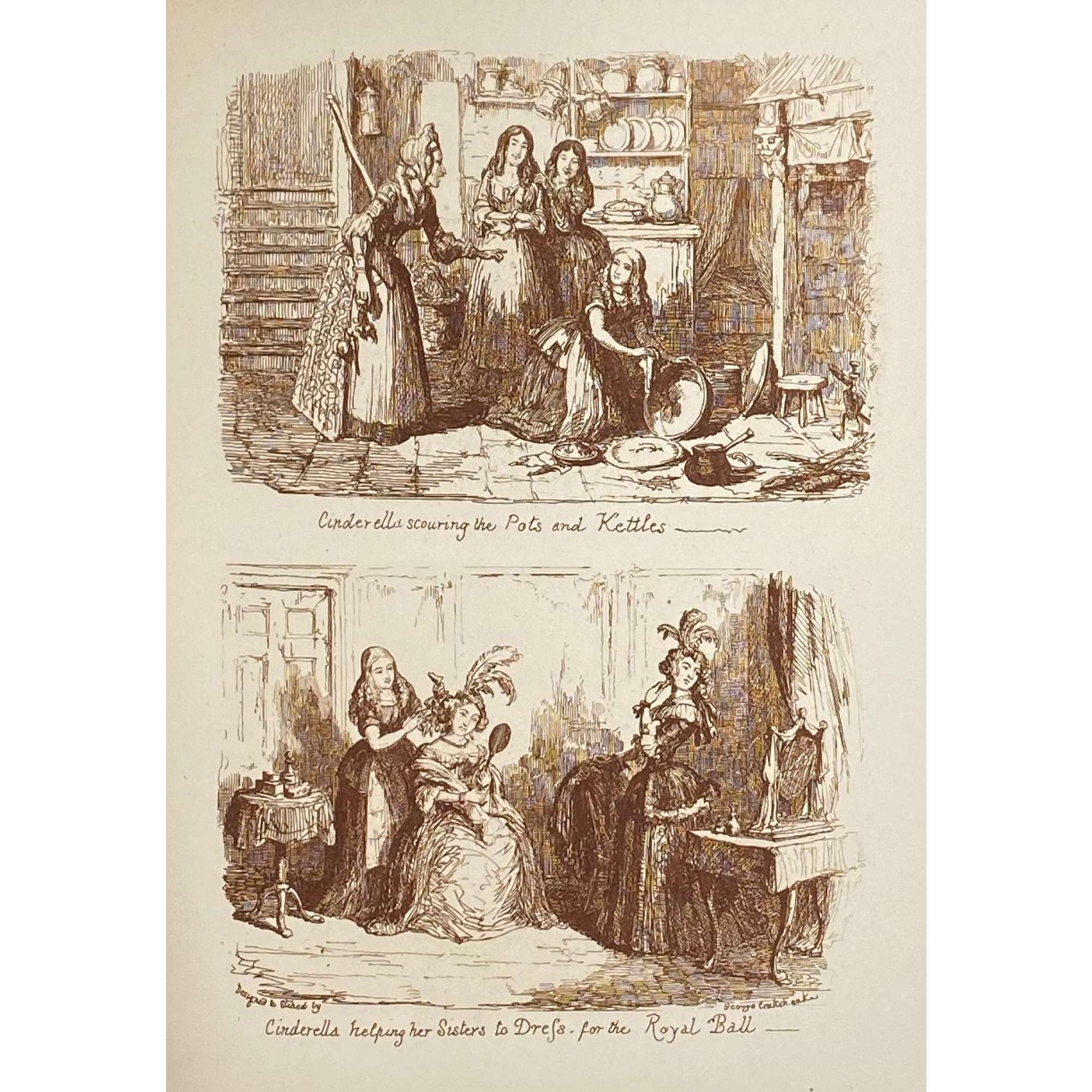 George Cruikshank. George Cruikshank's Fairy Library. Hop-O'-My Thumb. Jack and the Bean-Stalk. Cinderella. Puss in Boots. — London: George Bell and Sons, 1885. — pp.: [2] blank, [2] first half-title with blank verso, [i-ii] second half-title with blank verso, [2] frontispiece plate with blank recto, [iii-viii] title, colophone, editor's note, list of illustr. [2] title with blank verso, [1] 2-101 [3] blank, 24 plates with protective tissue, unpag. — Colophon: This edition is limited to 500 copies, with India paper impressions. The former editions have been from lithographic transfers. The plates were retouched under Mr. Cruikshank's direction shortly before his death, and have not been used since until now.