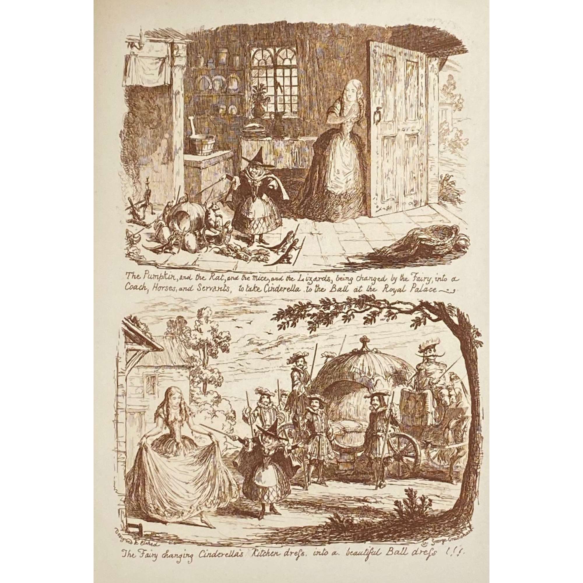 George Cruikshank. George Cruikshank's Fairy Library. Hop-O'-My Thumb. Jack and the Bean-Stalk. Cinderella. Puss in Boots. — London: George Bell and Sons, 1885. — pp.: [2] blank, [2] first half-title with blank verso, [i-ii] second half-title with blank verso, [2] frontispiece plate with blank recto, [iii-viii] title, colophone, editor's note, list of illustr. [2] title with blank verso, [1] 2-101 [3] blank, 24 plates with protective tissue, unpag. — Colophon: This edition is limited to 500 copies, with India paper impressions. The former editions have been from lithographic transfers. The plates were retouched under Mr. Cruikshank's direction shortly before his death, and have not been used since until now.