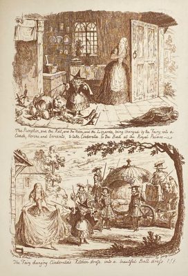 George Cruikshank. George Cruikshank's Fairy Library. Hop-O'-My Thumb. Jack and the Bean-Stalk. Cinderella. Puss in Boots. — London: George Bell and Sons, 1885. — pp.: [2] blank, [2] first half-title with blank verso, [i-ii] second half-title with blank verso, [2] frontispiece plate with blank recto, [iii-viii] title, colophone, editor's note, list of illustr. [2] title with blank verso, [1] 2-101 [3] blank, 24 plates with protective tissue, unpag. — Colophon: This edition is limited to 500 copies, with India paper impressions. The former editions have been from lithographic transfers. The plates were retouched under Mr. Cruikshank's direction shortly before his death, and have not been used since until now.