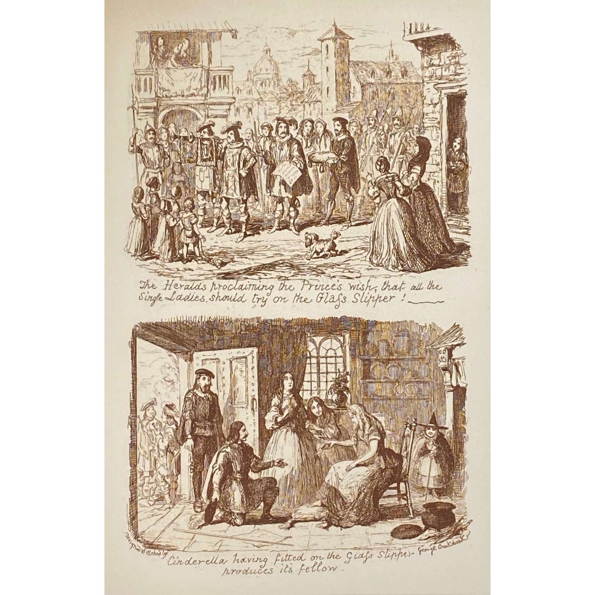 George Cruikshank. George Cruikshank's Fairy Library. Hop-O'-My Thumb. Jack and the Bean-Stalk. Cinderella. Puss in Boots. — London: George Bell and Sons, 1885. — pp.: [2] blank, [2] first half-title with blank verso, [i-ii] second half-title with blank verso, [2] frontispiece plate with blank recto, [iii-viii] title, colophone, editor's note, list of illustr. [2] title with blank verso, [1] 2-101 [3] blank, 24 plates with protective tissue, unpag. — Colophon: This edition is limited to 500 copies, with India paper impressions. The former editions have been from lithographic transfers. The plates were retouched under Mr. Cruikshank's direction shortly before his death, and have not been used since until now.