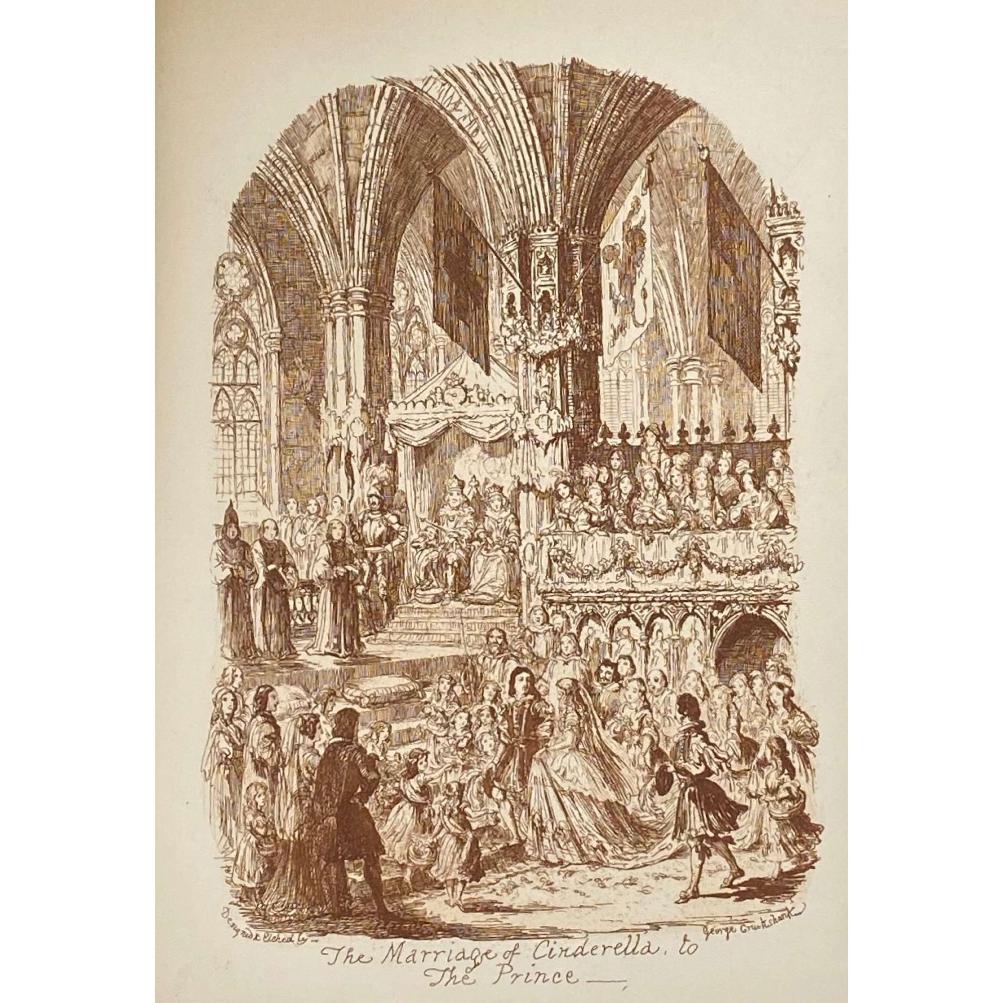 George Cruikshank. George Cruikshank's Fairy Library. Hop-O'-My Thumb. Jack and the Bean-Stalk. Cinderella. Puss in Boots. — London: George Bell and Sons, 1885. — pp.: [2] blank, [2] first half-title with blank verso, [i-ii] second half-title with blank verso, [2] frontispiece plate with blank recto, [iii-viii] title, colophone, editor's note, list of illustr. [2] title with blank verso, [1] 2-101 [3] blank, 24 plates with protective tissue, unpag. — Colophon: This edition is limited to 500 copies, with India paper impressions. The former editions have been from lithographic transfers. The plates were retouched under Mr. Cruikshank's direction shortly before his death, and have not been used since until now.