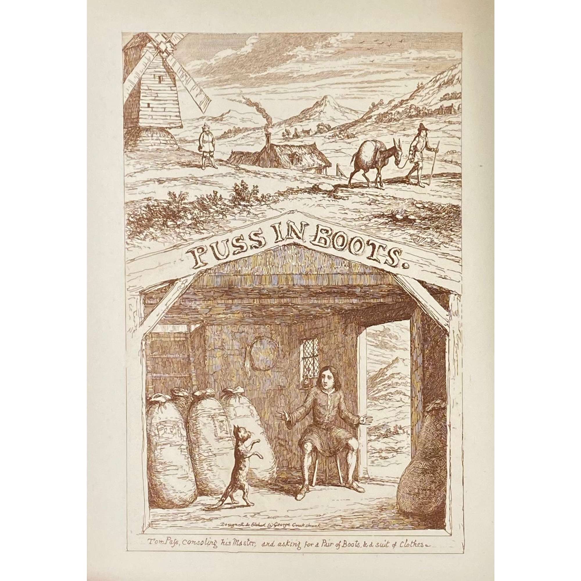 George Cruikshank. George Cruikshank's Fairy Library. Hop-O'-My Thumb. Jack and the Bean-Stalk. Cinderella. Puss in Boots. — London: George Bell and Sons, 1885. — pp.: [2] blank, [2] first half-title with blank verso, [i-ii] second half-title with blank verso, [2] frontispiece plate with blank recto, [iii-viii] title, colophone, editor's note, list of illustr. [2] title with blank verso, [1] 2-101 [3] blank, 24 plates with protective tissue, unpag. — Colophon: This edition is limited to 500 copies, with India paper impressions. The former editions have been from lithographic transfers. The plates were retouched under Mr. Cruikshank's direction shortly before his death, and have not been used since until now.