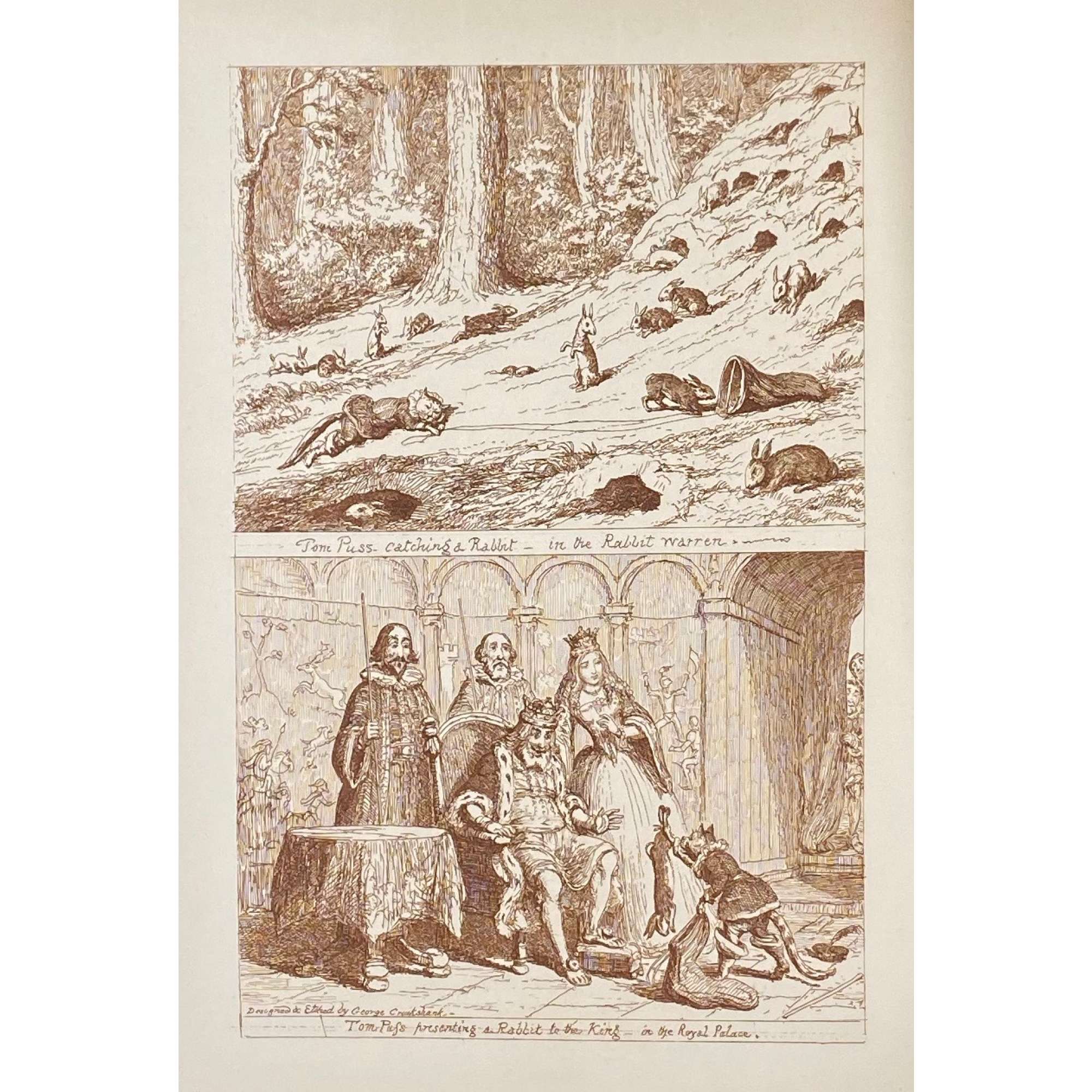 George Cruikshank. George Cruikshank's Fairy Library. Hop-O'-My Thumb. Jack and the Bean-Stalk. Cinderella. Puss in Boots. — London: George Bell and Sons, 1885. — pp.: [2] blank, [2] first half-title with blank verso, [i-ii] second half-title with blank verso, [2] frontispiece plate with blank recto, [iii-viii] title, colophone, editor's note, list of illustr. [2] title with blank verso, [1] 2-101 [3] blank, 24 plates with protective tissue, unpag. — Colophon: This edition is limited to 500 copies, with India paper impressions. The former editions have been from lithographic transfers. The plates were retouched under Mr. Cruikshank's direction shortly before his death, and have not been used since until now.