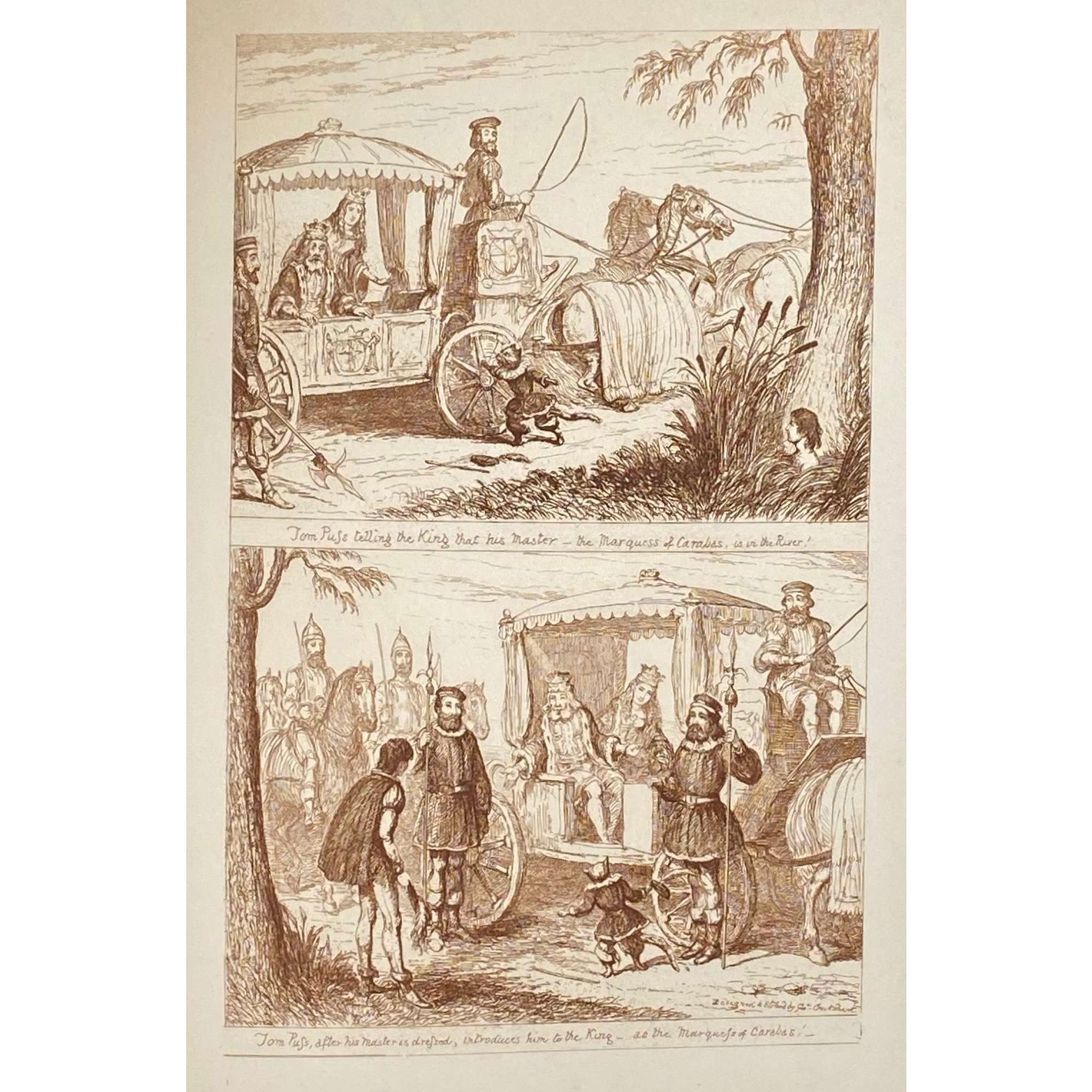 George Cruikshank. George Cruikshank's Fairy Library. Hop-O'-My Thumb. Jack and the Bean-Stalk. Cinderella. Puss in Boots. — London: George Bell and Sons, 1885. — pp.: [2] blank, [2] first half-title with blank verso, [i-ii] second half-title with blank verso, [2] frontispiece plate with blank recto, [iii-viii] title, colophone, editor's note, list of illustr. [2] title with blank verso, [1] 2-101 [3] blank, 24 plates with protective tissue, unpag. — Colophon: This edition is limited to 500 copies, with India paper impressions. The former editions have been from lithographic transfers. The plates were retouched under Mr. Cruikshank's direction shortly before his death, and have not been used since until now.