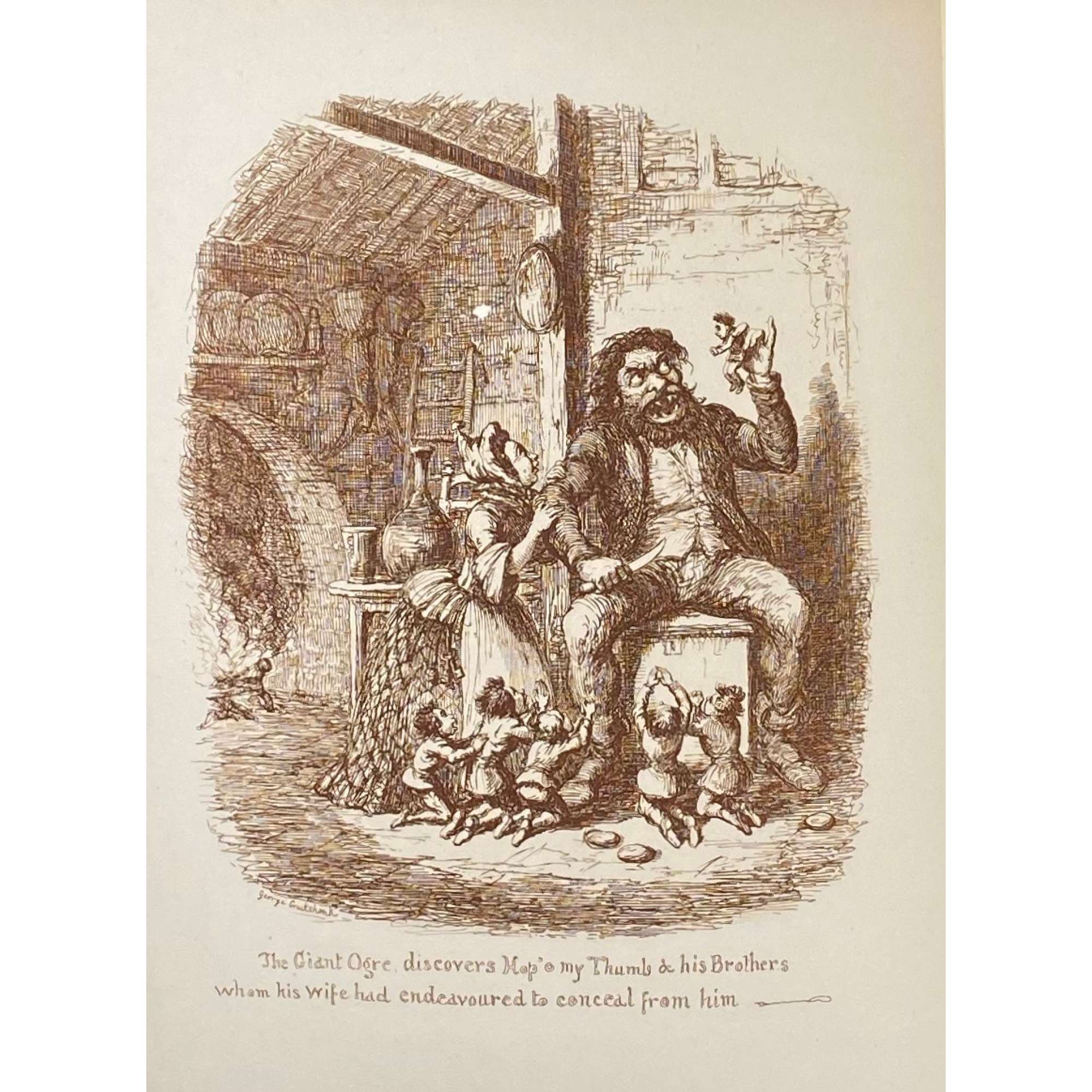 George Cruikshank. George Cruikshank's Fairy Library. Hop-O'-My Thumb. Jack and the Bean-Stalk. Cinderella. Puss in Boots. — London: George Bell and Sons, 1885. — pp.: [2] blank, [2] first half-title with blank verso, [i-ii] second half-title with blank verso, [2] frontispiece plate with blank recto, [iii-viii] title, colophone, editor's note, list of illustr. [2] title with blank verso, [1] 2-101 [3] blank, 24 plates with protective tissue, unpag. — Colophon: This edition is limited to 500 copies, with India paper impressions. The former editions have been from lithographic transfers. The plates were retouched under Mr. Cruikshank's direction shortly before his death, and have not been used since until now.